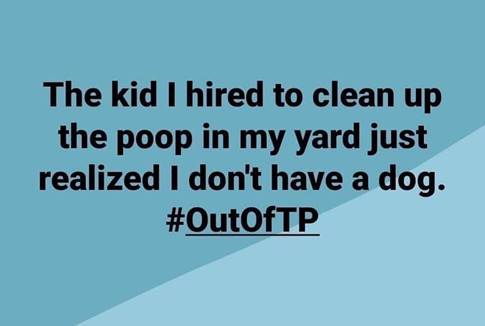 Image may contain: possible text that says 'The kid I hired to clean up the poop in my yard just realized I don't have a dog. #OutOfTP'